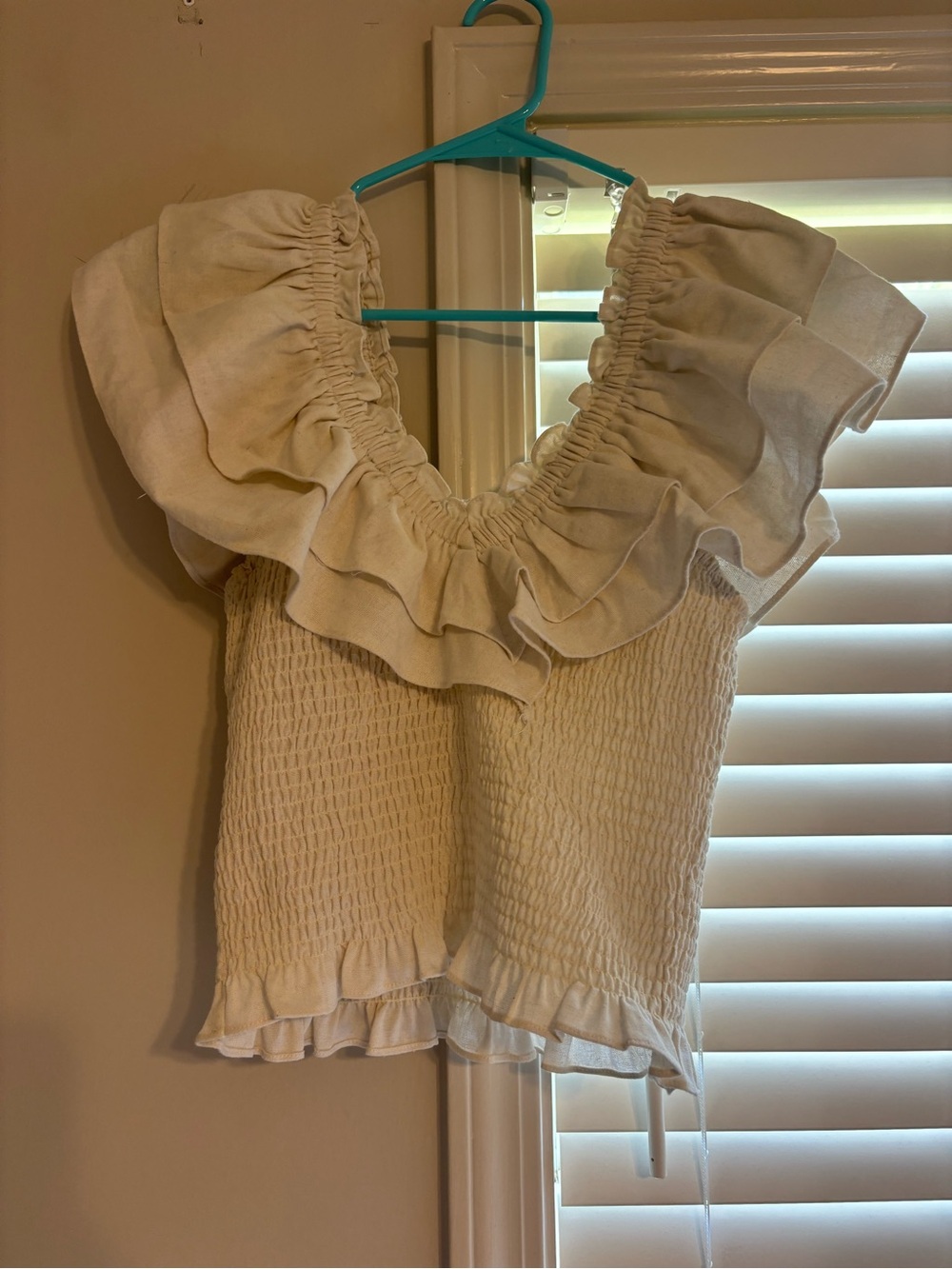 Lush Cream Smocked Ruffle Off-Shoulder Crop Top